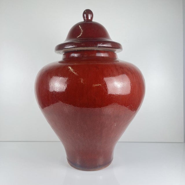 Large Vintage Japanese Oxblood Red Glazed Ceramic Covered Jar, 1950s For Sale - Image 4 of 17