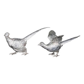 Vintage Sterling Silver Pheasants from Edward Barnard & Sons, London, 1971, Set of 2 For Sale