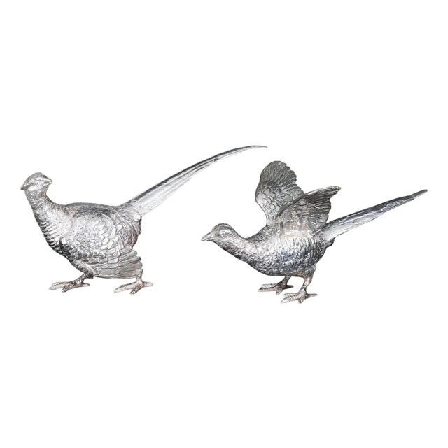 Vintage Sterling Silver Pheasants from Edward Barnard & Sons, London, 1971, Set of 2 For Sale
