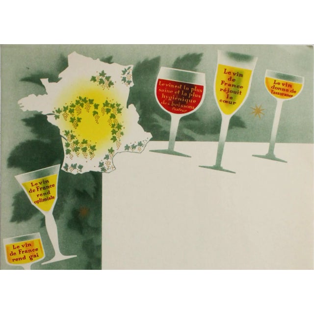 Date : 1950s Size : 13.5 x 10.25 inches Artist : Hervé Baille This poster advertises the importance of french wine for a...