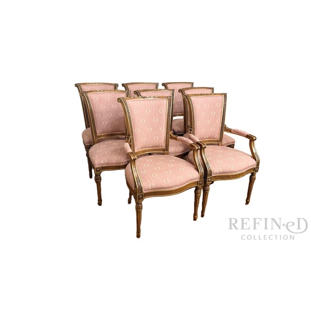 Karges Furniture Set of 8 Karges Louis XVI–Style Dining Chairs in Scalamandre Fabric (2 Arm, 6 Side) For Sale - Image 4 of 18