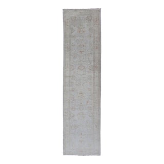 Turkish Oushak Runner in Pale Ivory With Faded Green 3'2 X 13'2 For Sale