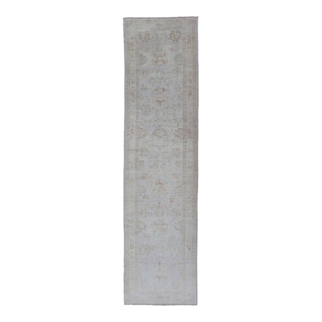 Turkish Oushak Runner in Pale Ivory With Faded Green 3'2 X 13'2 For Sale