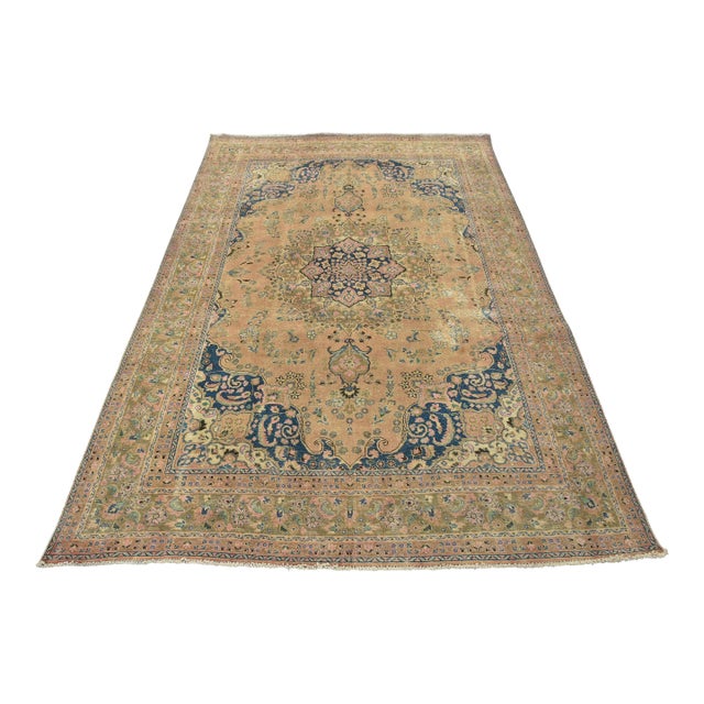 Tabriz Rug 8’1” X 10’11” Pink Wool Vintage Distressed Hand-Knotted Carpet For Sale