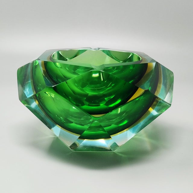 1960s Stunning big green and yellow ashtray, bowl, catchall By Flavio Poli for Seguso. Crafted using the iconic Sommerso...