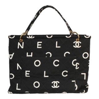 Vintage Black White Quilted Canvas Logo Tote For Sale