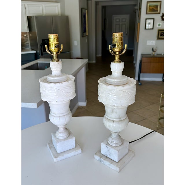 Pair of 1950's Italian Neoclassic Alabaster Table Lamps For Sale - Image 18 of 18