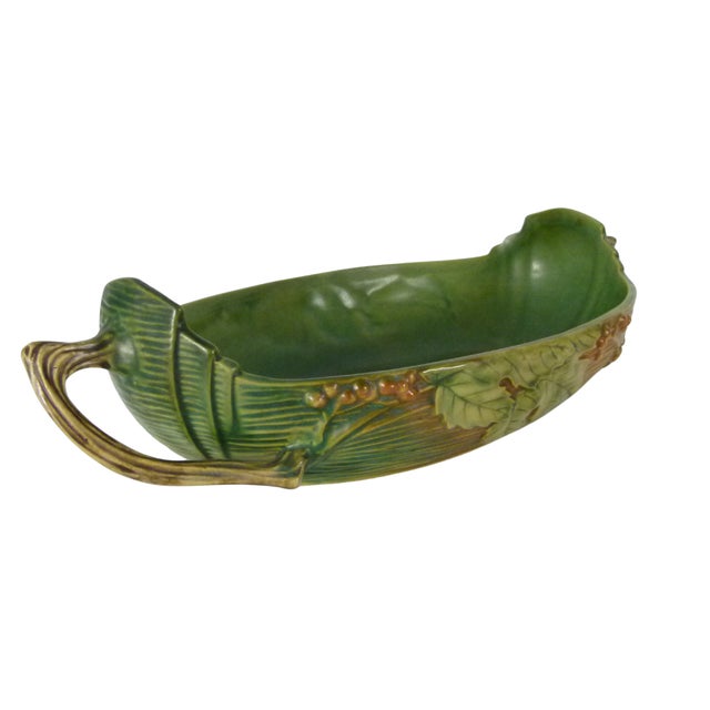 Ceramic Vintage 1940s Roseville Pottery "Bushberry" Green Console Bowl Shape 417-14" For Sale - Image 7 of 12