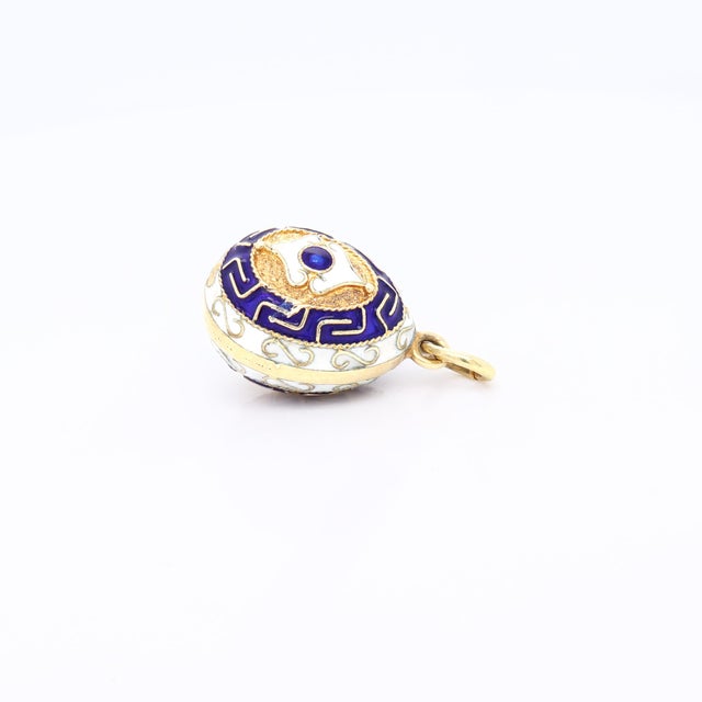 Vintage 14k Gold and Blue & White Enamel Figural Russian Style Egg Charm Pendant For Sale - Image 9 of 12