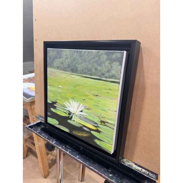Contemporary Lotus on the Pond by Kathleen Varadi, Contemporary Water Lily Landscape Painting For Sale - Image 3 of 6