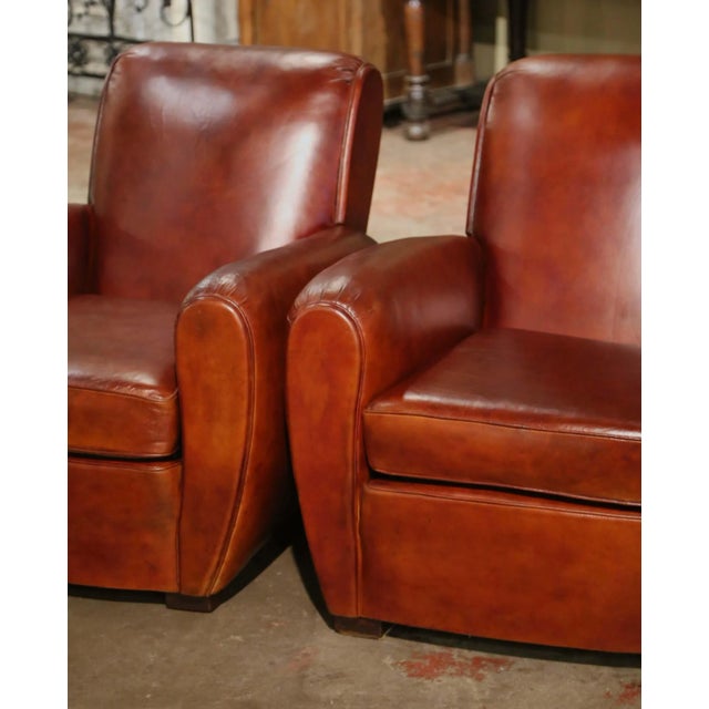 Pair of Early 20th Century French Art Deco Brown Leather Club Armchairs For Sale - Image 4 of 9