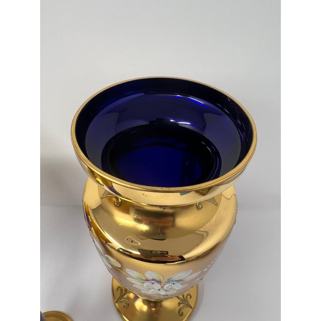 Glass Signed Antique Moser Karlsbad Cobalt & Gilt Enamel Art Glass Garniture Set, 3 Pieces, Circa 1900 For Sale - Image 7 of 11