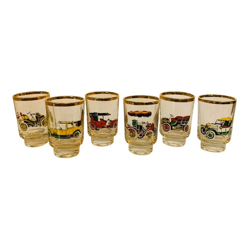Mid 20th Century Gold-Rimmed Ruhrglas Car Lovers Shot Glasses in Original Box- Set of 6