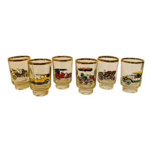 Mid 20th Century Gold-Rimmed Ruhrglas Car Lovers Shot Glasses in Original Box- Set of 6