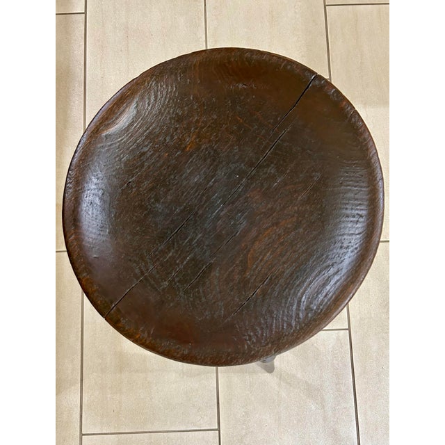 American Antique, Turned Wood, Windsor Dairy Stool With a Solid Elm Wood, Saddle/Dished Seat, Two Stretchers and Three Splayed Legs, Rustic/Primitive, 1800’s For Sale - Image 3 of 11