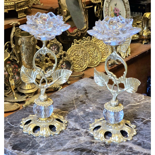 French Style Classic European-Style Brass and Crystal Candlestick Holders Set of 2. For Sale - Image 4 of 4