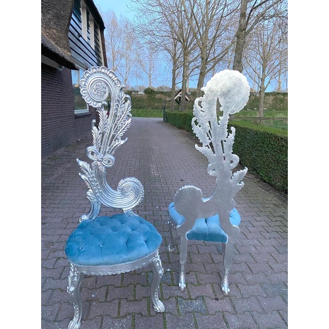 1970s Italian Rococo Silver Beech Velvet Side Chairs Pair For Sale - Image 9 of 12
