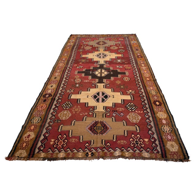 1970s Handwoven Turkish Kilim Rug Tribal Earth Tones Organic Wool Rug - 5′5″ X 12′1″ For Sale - Image 4 of 18