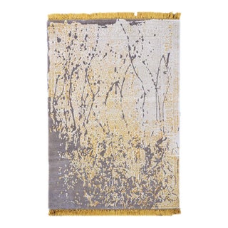 Nepalese Modern Wool, Hemp & Silk 4x6 Gold, Grey & Ivory Handmade Area Rug #1143785 For Sale