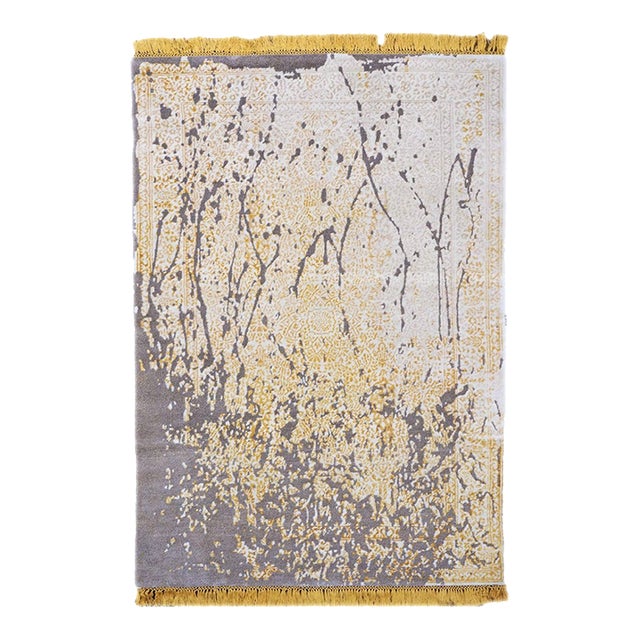Nepalese Modern Wool, Hemp & Silk 4x6 Gold, Grey & Ivory Handmade Area Rug #1143785 For Sale