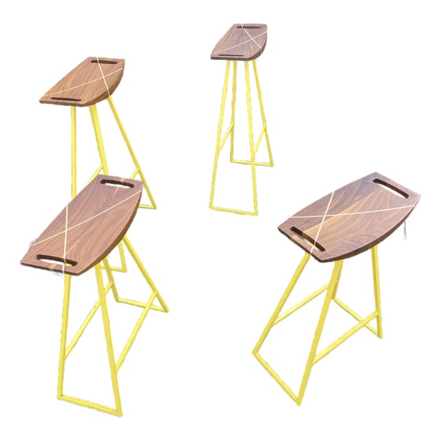 Modern Walnut Robert Designed Trunk Stool Set of 4 Low and Bar Height For Sale