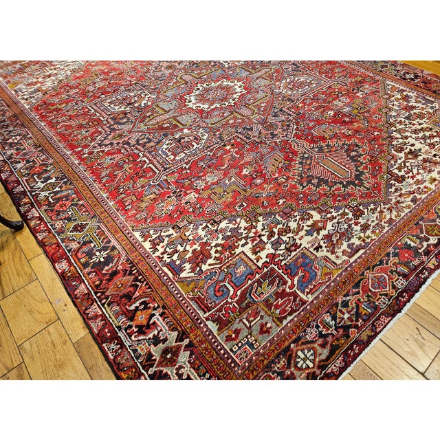 Red Vintage Persian Heriz Rug, Hand-Knotted Wool, Geometric Medallion Pattern, Red & Navy, 10x13 For Sale - Image 8 of 11