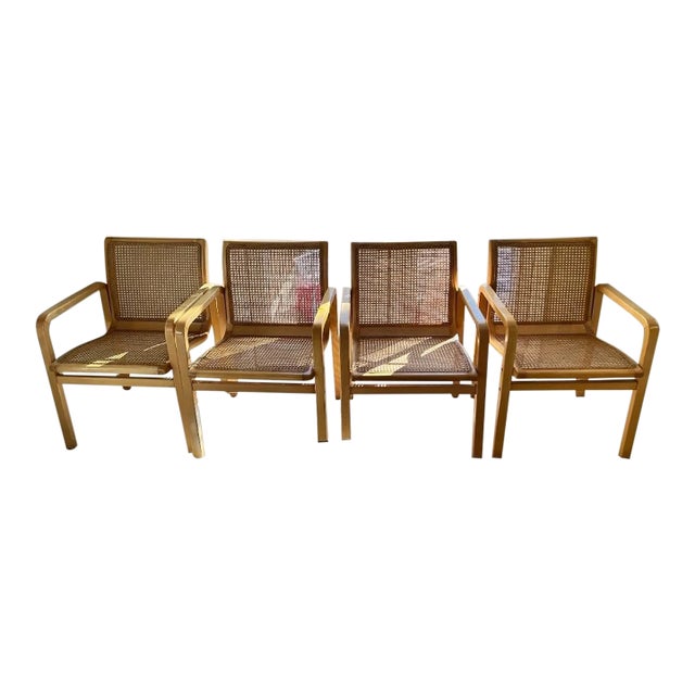 4 Italian Bentwood Cane-Back Armchairs,| Vintage Dining Chairs With Cushions For Sale