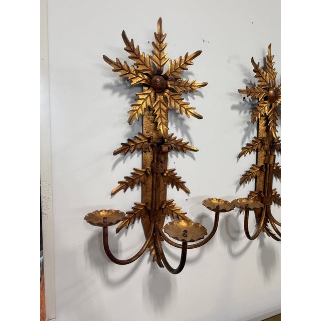 Mid 20th Century Pair, Mid Century Italian Gilt Metal Leaf Starburst Three Arm Candle Sconces For Sale - Image 5 of 9