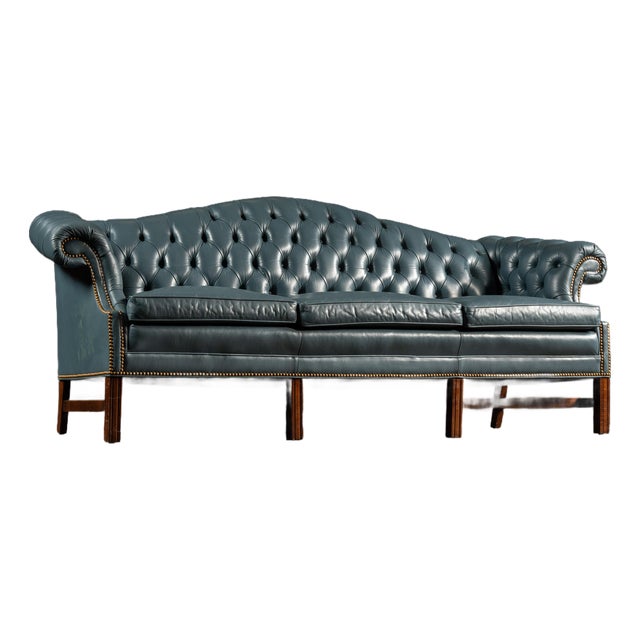 Vintage Tufted Leather Chesterfield Sofa in Blue For Sale