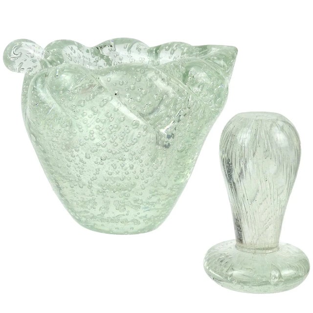 Glass Murano Leaf Shape Mortar and Pestel Ashtray Set Art Deco Clear Control Bubbles Italian Art Glass For Sale - Image 7 of 7