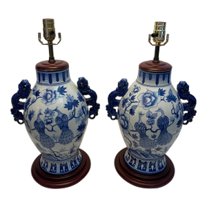 Pair of Blue and White Chinoiserie Porcelain Urn Table Lamps With Peacock Motif