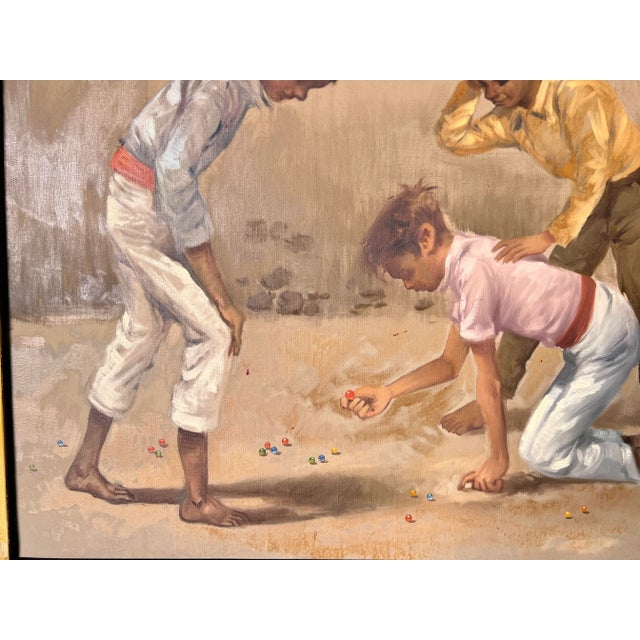 1950s 1960's Menoolla Children Playing Marbles Oil on Canvas Painting For Sale - Image 5 of 11