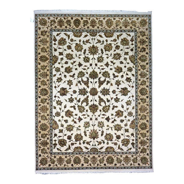 Indian Tabriz Wool & Silk 9x12 White Ivory, Tan, Blue, & Green Handmade Area Rug #1144267 For Sale
