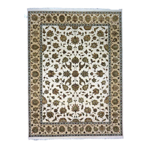 Indian Tabriz Wool & Silk 9x12 White Ivory, Tan, Blue, & Green Handmade Area Rug #1144267