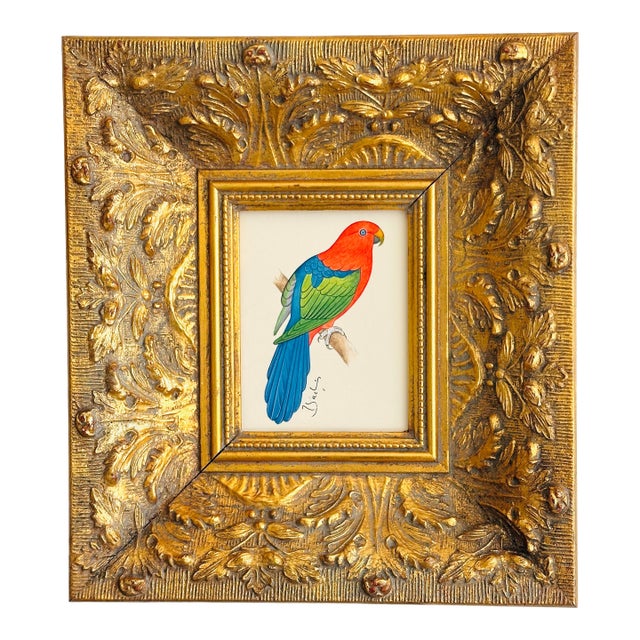 Original Hand-Painted Parrot Painting in a Vintage Gilt Frame For Sale