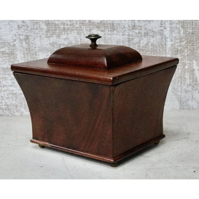 A lovely Antique sarcophagus tea caddy. Made from fruit wood, in the form of a sarcophagus, lead lined with brass ball...