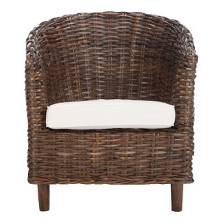Rattan Barrel Chair in Brown & White For Sale