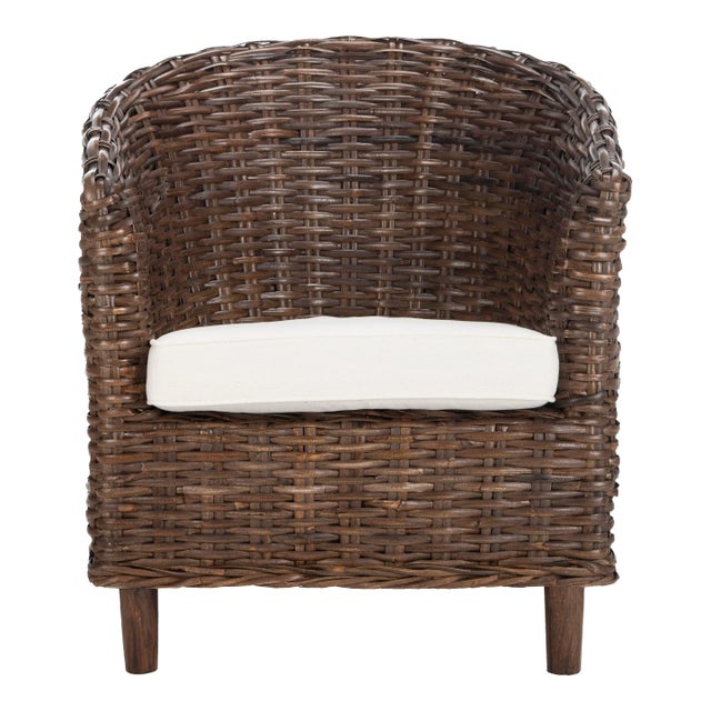 Rattan Barrel Chair in Brown & White For Sale