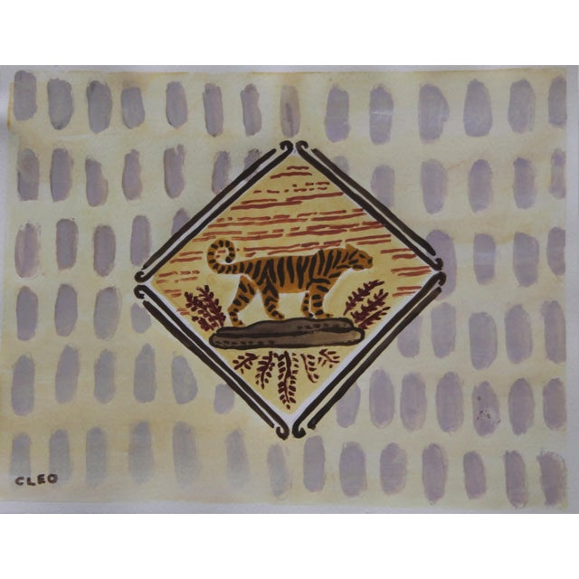 Tiger American Landscape Delft Tile Inspired Yellow, Brown Original Painting by Cleo Plowden For Sale