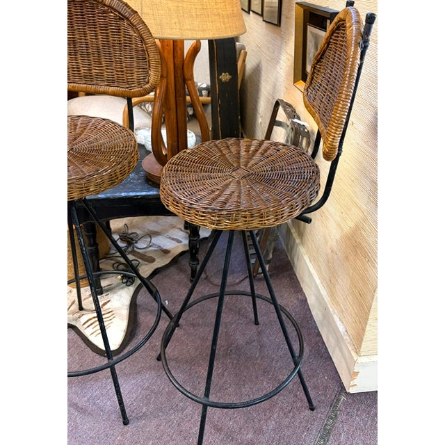 Mid-Century Modern Mid Century Danny Ho Fung Style Wrought Iron Rattan Barstools, Counter Stools For Sale - Image 3 of 9