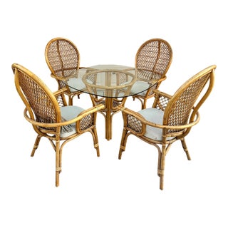 1970s Franco Albini Style 5-Piece Rattan & Glass Dining Set – Highback Peacock Chairs For Sale