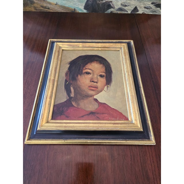 Almond Vintage Pre Mid Century Modern Signed Portrait Painting For Sale - Image 8 of 10
