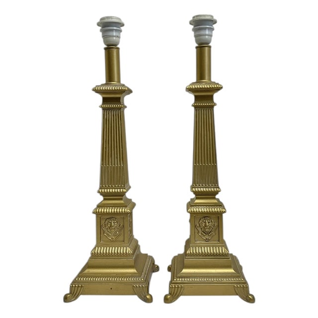 Large Neo-Classical Column Lamps in Gold Toned Metal, 1950s, Set of 2 For Sale