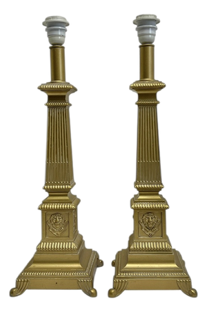 Large Neo-Classical Column Lamps in Gold Toned Metal, 1950s, Set of 2