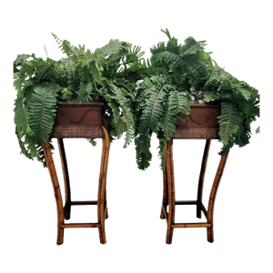 1990s Coastal Regency Wicker Bamboo Tall Artificial Fern Filled Floor Planters- A Pair