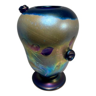 1988 Rick Hunter Iridescent Purple Art Glass Vase Signed Studio Glass 7.5”h For Sale