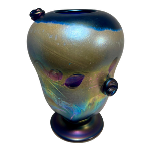 1988 Rick Hunter Iridescent Purple Art Glass Vase Signed Studio Glass 7.5”h