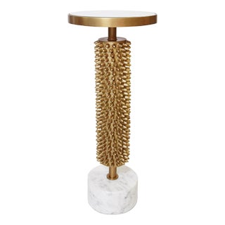 Matthew Izzo Home Talia Brass & Marble Round Pedestal Accent Table With Inset Mirror Top For Sale