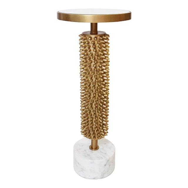 Matthew Izzo Home Talia Brass & Marble Round Pedestal Accent Table With Inset Mirror Top For Sale