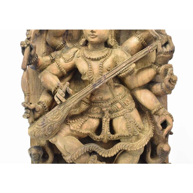 Indian Early 20th Century Large Indian Carved Wood Saraswati Temple Panel With Veena For Sale - Image 3 of 8